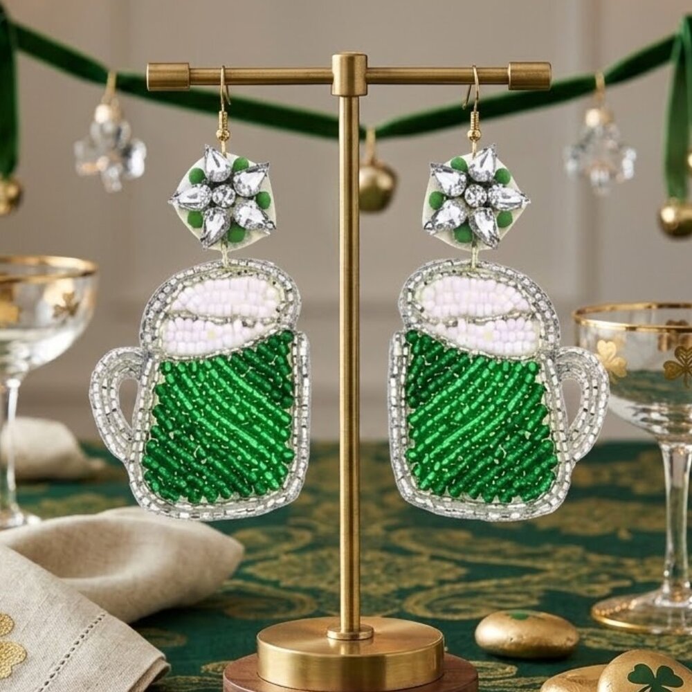 NEW Irish St. Patrick's Day Holiday Beaded Green Beer Earrings